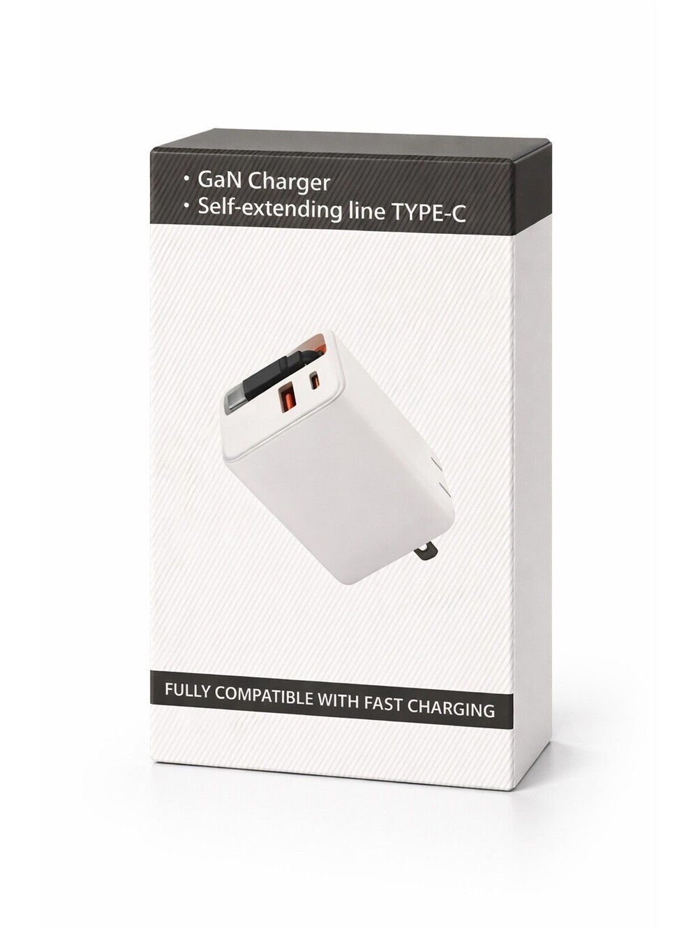 White GaN Charger USB-C Fast Charge 2 Ports Self-Extending Line Universal